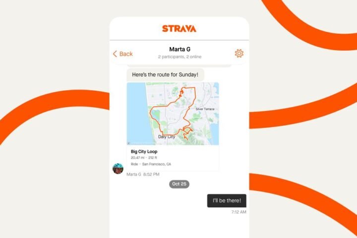 Screenshot of messaging in Strava app, including map with route overlaid in red. Along with assorted details, the messages read:"Here&rsquo;s the route for Sunday!" and "I