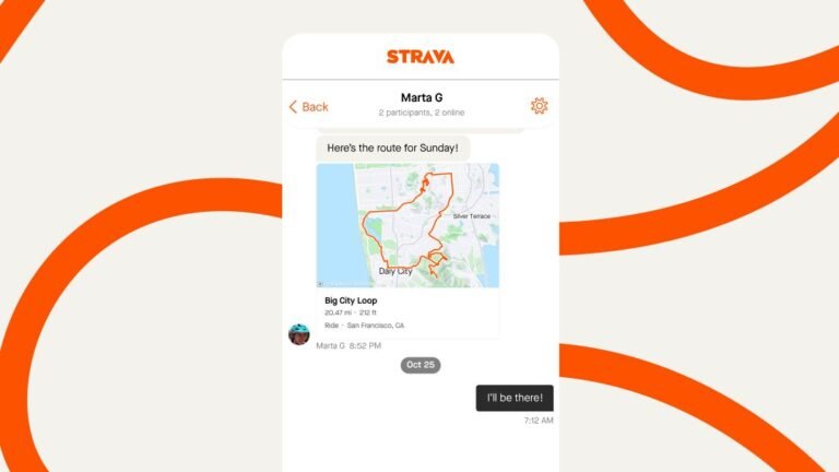 Screenshot of messaging in Strava app, including map with route overlaid in red. Along with assorted details, the messages read:"Here&rsquo;s the route for Sunday!" and "I