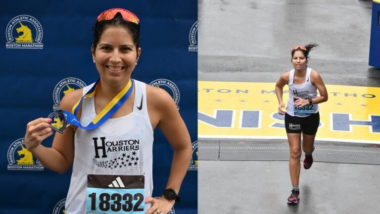 Two images side by side of Emilia Benton holding her Boston Marathon finisher&rsquo;s medal and Emilia Benton crossing the Boston Marathon finish line